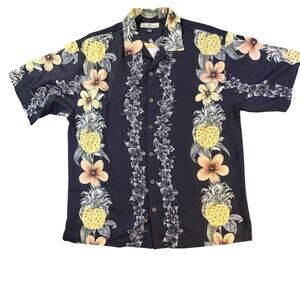Tommy Bahama Shirt Mens Medium Black Silk Floral Pineapple Hawaiian Camp Casual